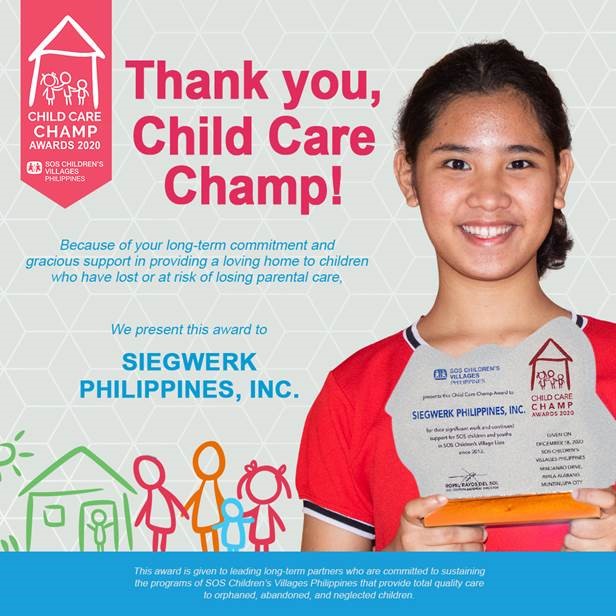 Siegwerk Philippinen erhielt den „Child Care Champ Award“ für seine Unterstützung der Kinder und Jugendlichen im Land